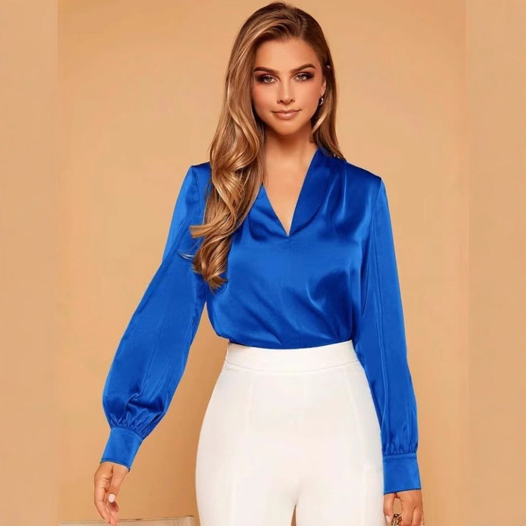 GR | V-Ausschnitt Langarm Satin Bluse
