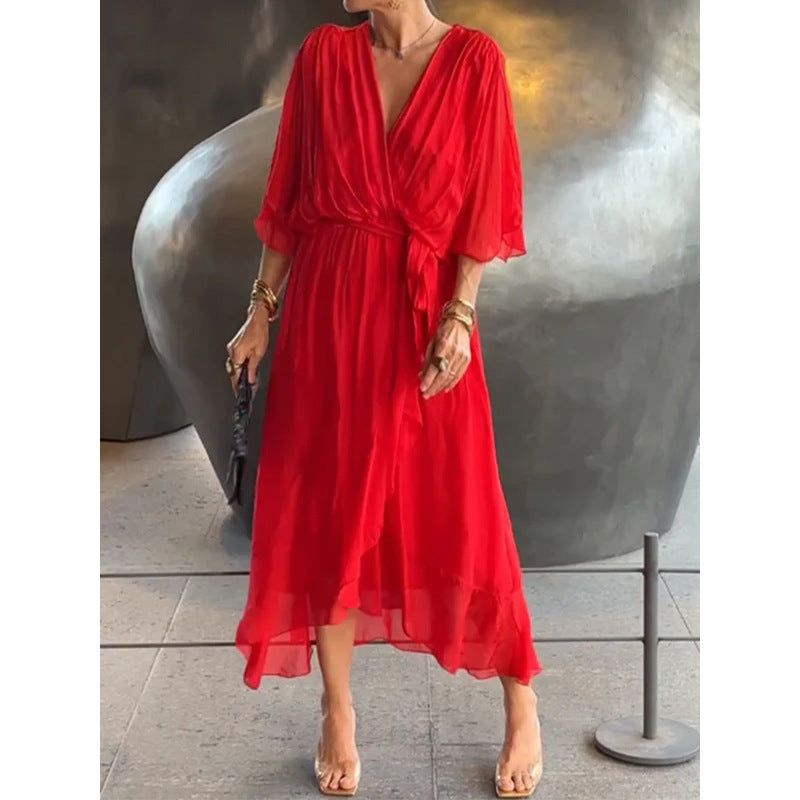 GR | Schnürung Batwing Ärmel Unregelmäßiges Kleid