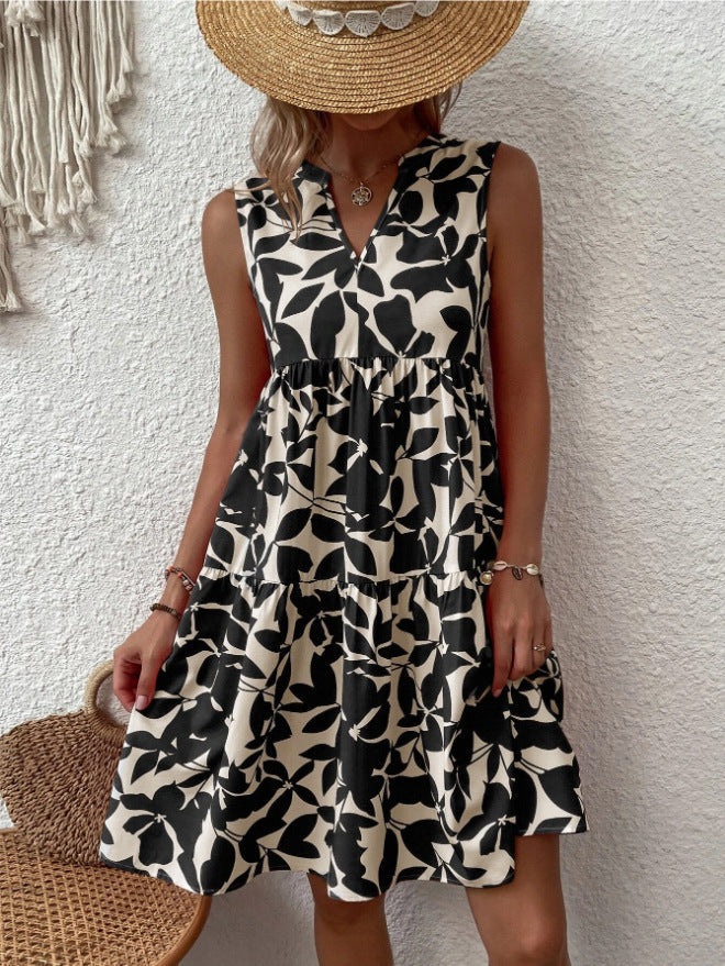 Damen luftiges ärmelloses Sommerkleid mit floralen Mustern und weitem Schnitt GR
