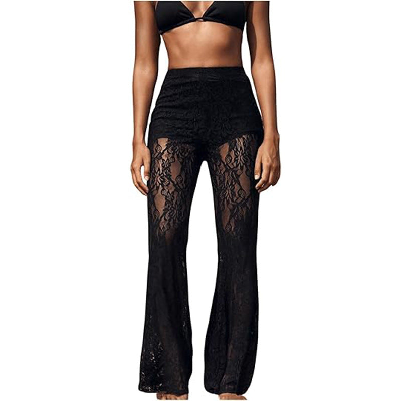 Damen elegante Spitzenhose mit hohem Bund und weit geschnittenem Bein GR