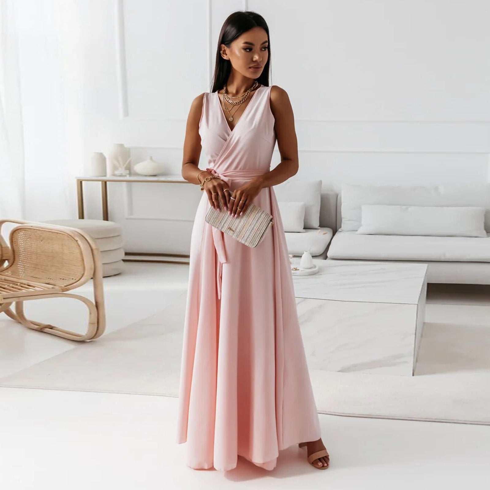 GR - Women's solid color V-neck long dress