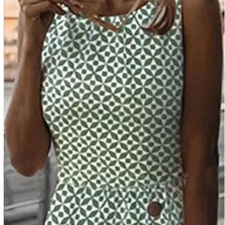 GR | Ärmelloses bedrucktes grünes Knopf-Casual-Kleid