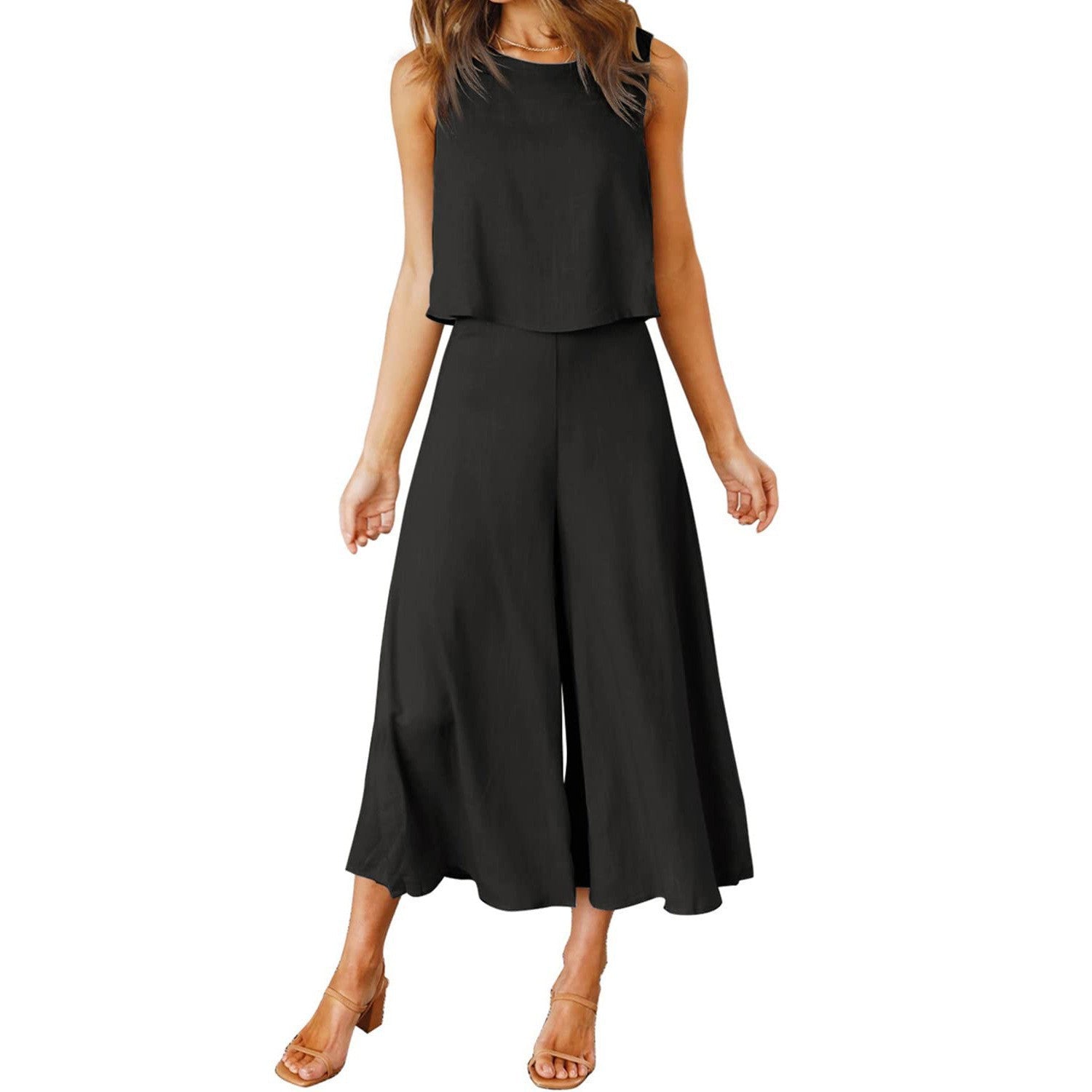 Women's airy jumpsuit with flared leg and sleeveless design, size S