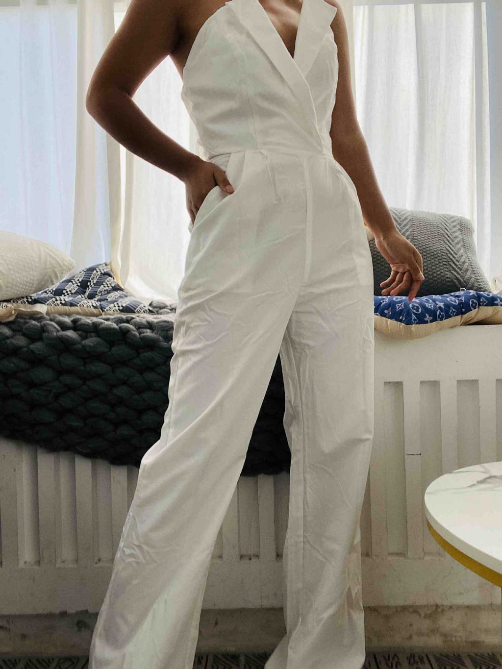 GR | Asymmetrical lapel mid-waist commuter jumpsuit 