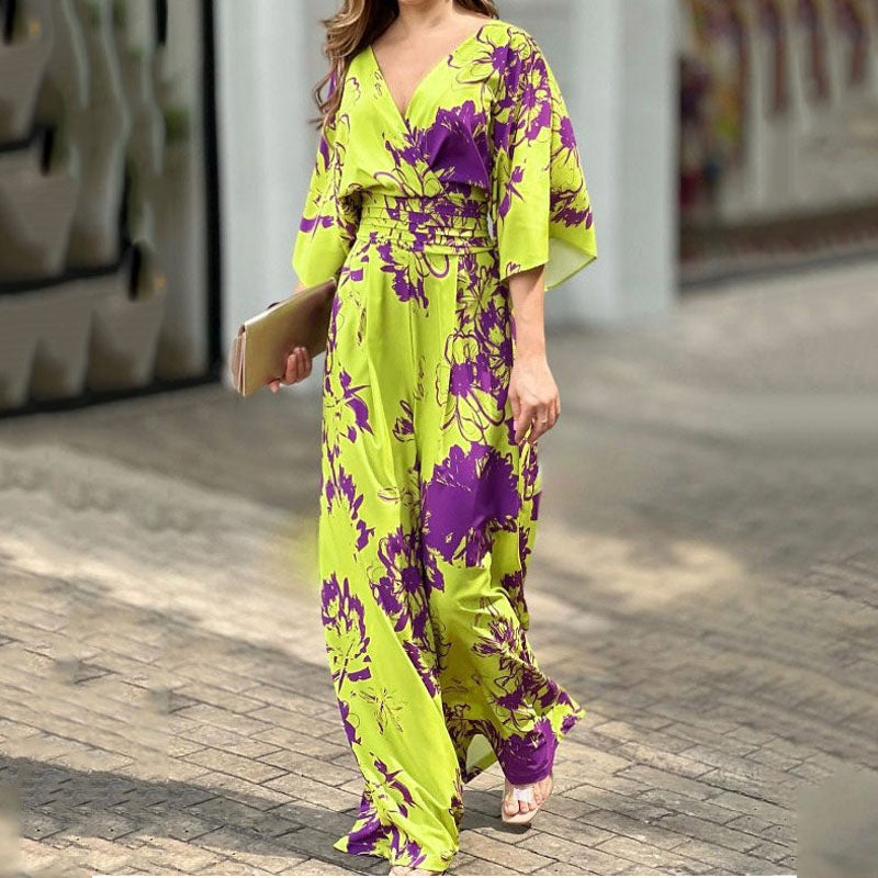 Women's jumpsuit with floral design and voluminous sleeves, size