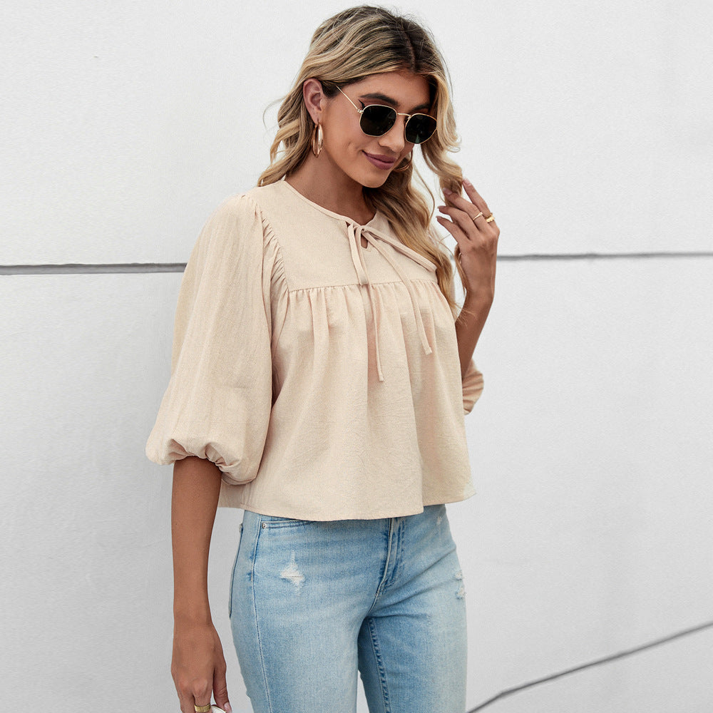 Damen Blusenshirt mit eleganten Puffärmeln und schickem Kordelzug GR