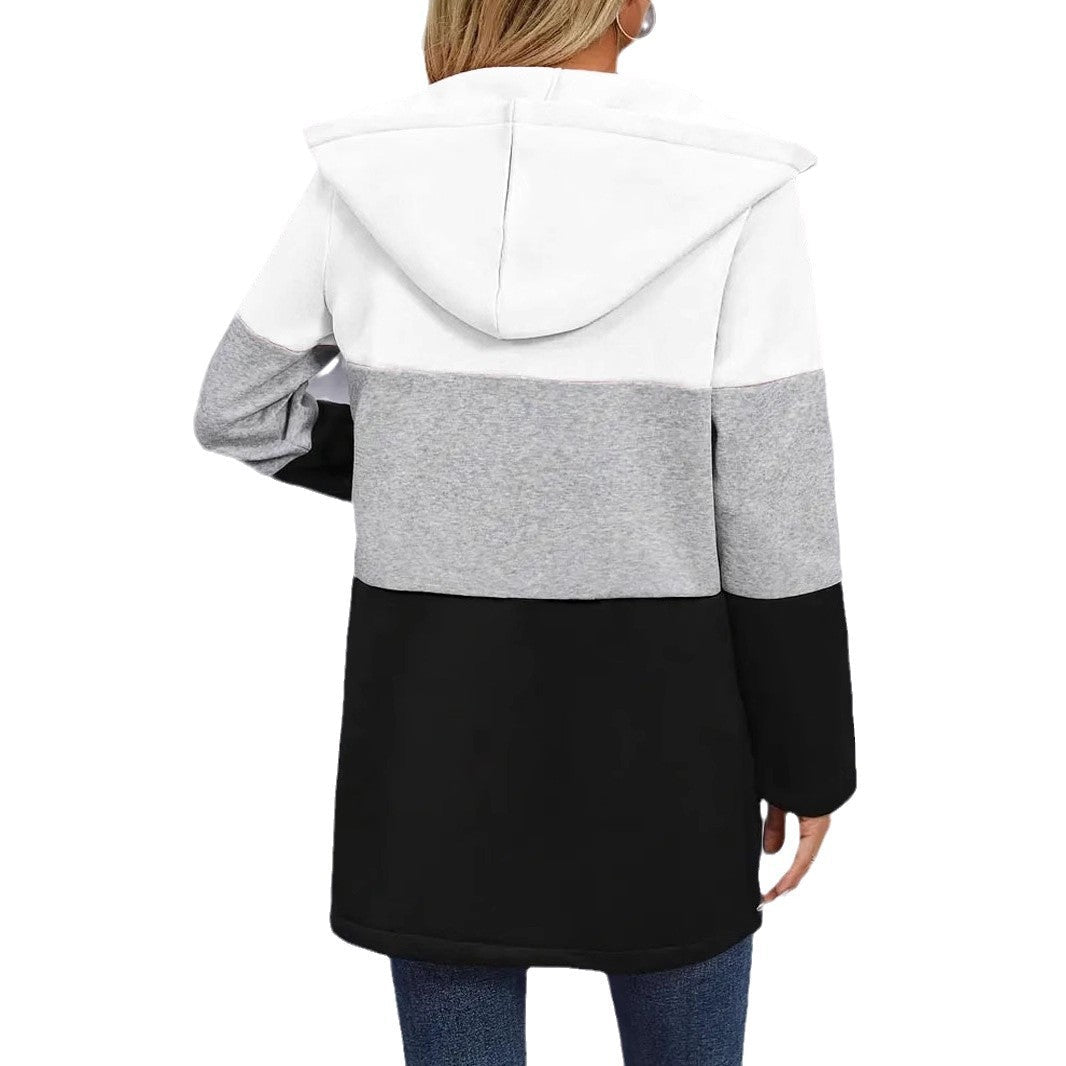 Women's hooded jacket with a modern color-block design and practical zip pockets, size