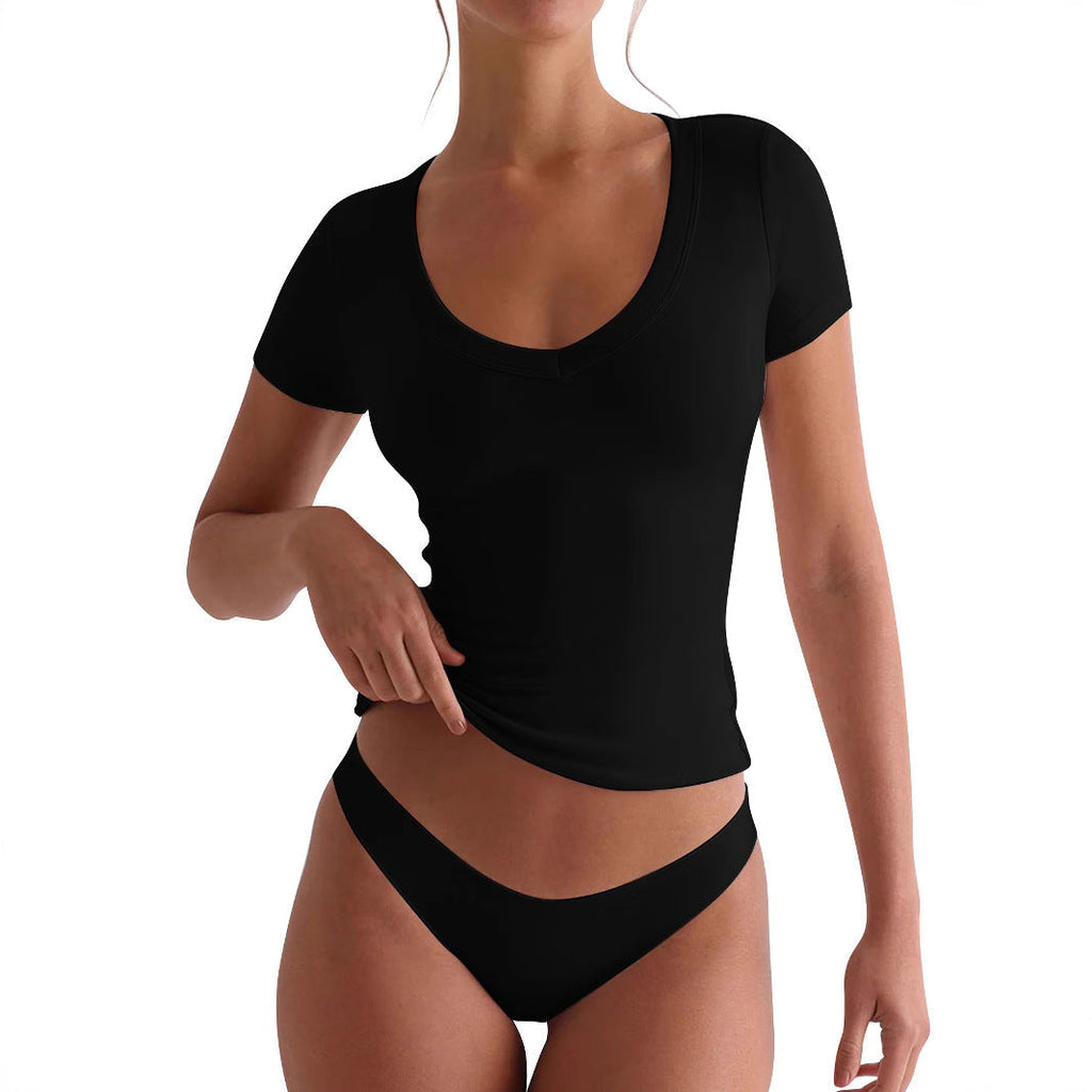 Damen figurbetontes V-Neck T-Shirt mit kurzen Ärmeln GR
