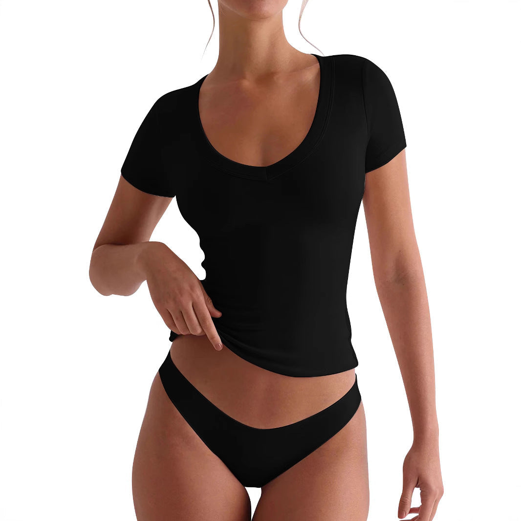 Damen figurbetontes V-Neck T-Shirt mit kurzen Ärmeln GR