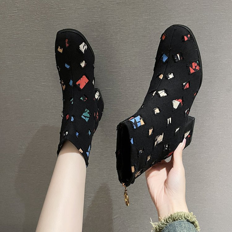 Women's fashionable ankle boots with a creative geometric print and elegant zipper, size S