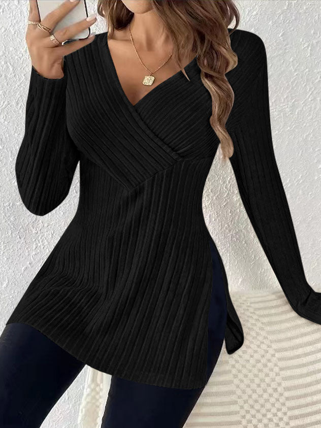 Women's elegant long-sleeved wrap-style shirt with textured ribbed look, size