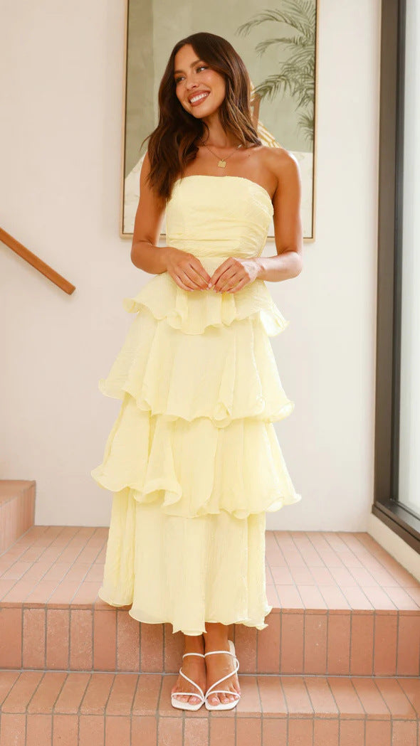 GR | Strapless Tiered Kleid Rückenfreies Schichten Design Eleganter Fließender Schnitt
