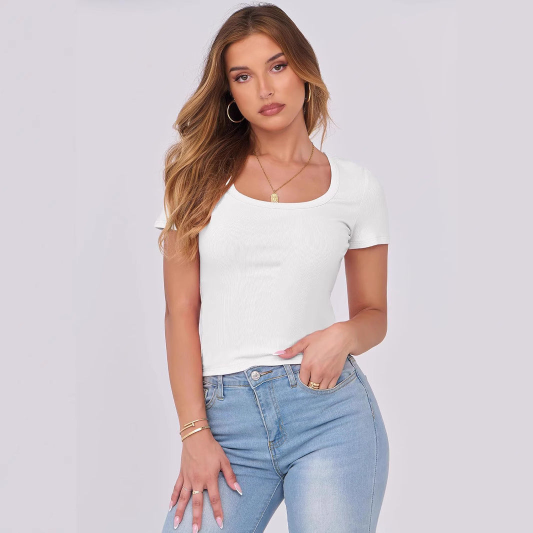 Women's fitted top with a wide square neckline and short sleeves, size S