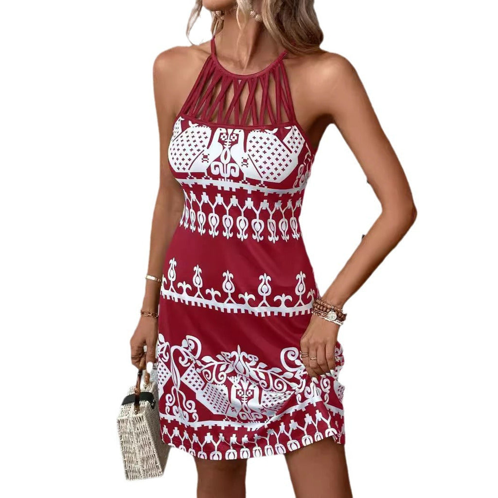 Women's sleeveless summer dress with fashionable cut-out design and graphic pattern, size S