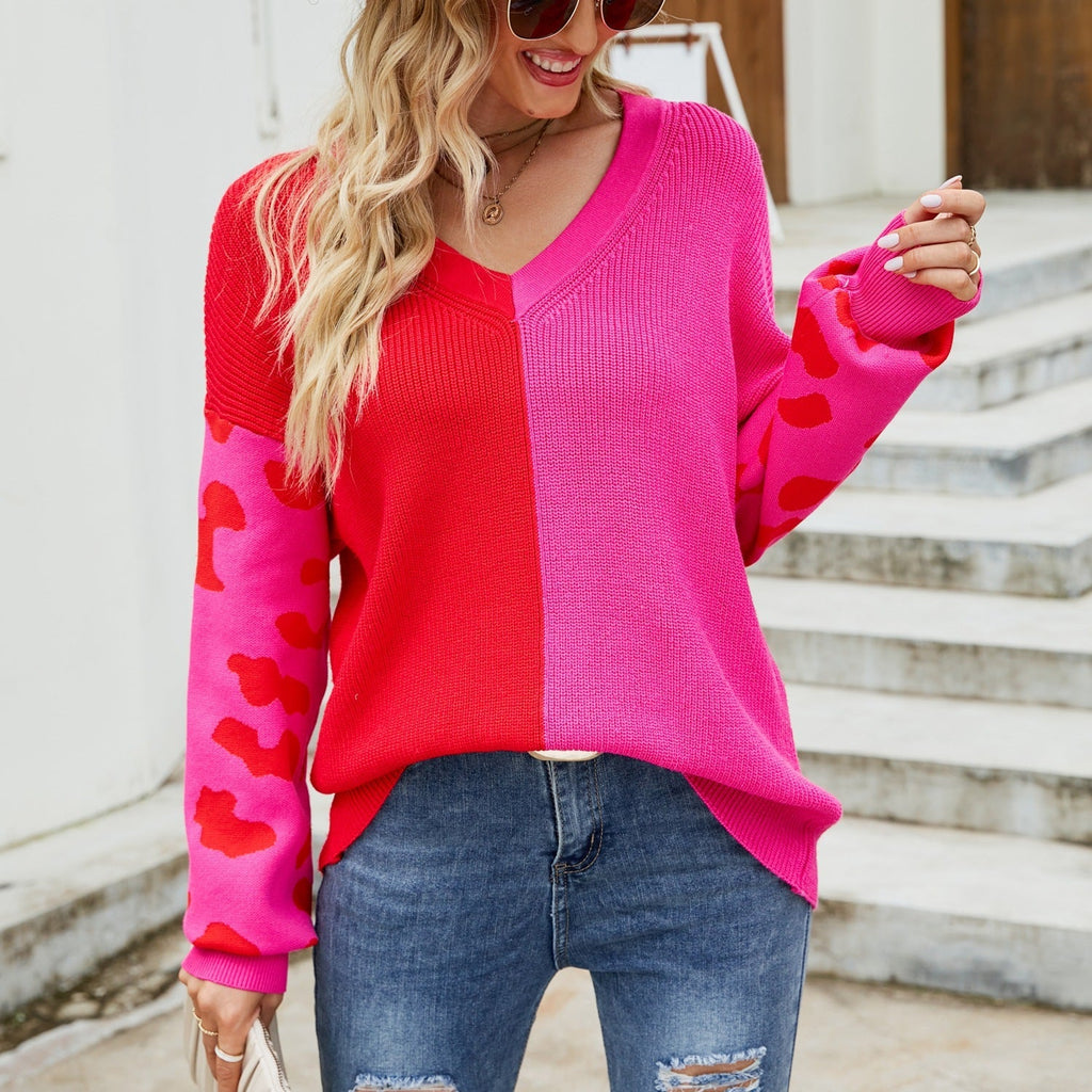 Damen farbenfroher Pullover im modischen Blockfarben-Design mit Leopardenmuster GR