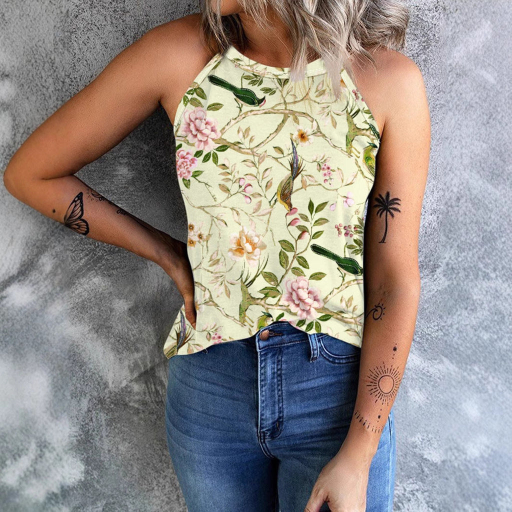 Women's sleeveless floral shirt with high collar, size