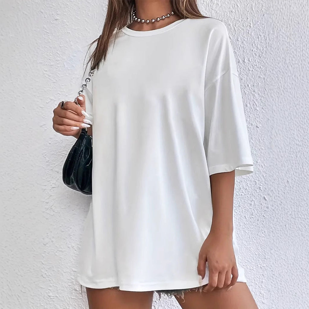 GR | White Loose Short Sleeve Crew Neck Polyester T-Shirt
