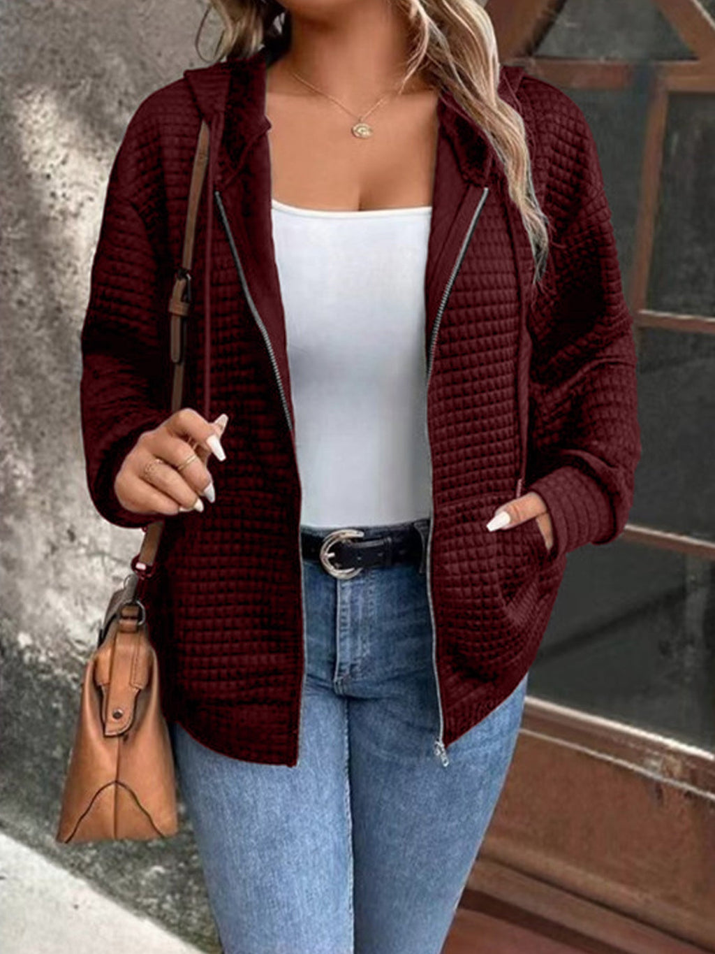 Damen gemütliche Kapuzenjacke aus strukturiertem Material GR