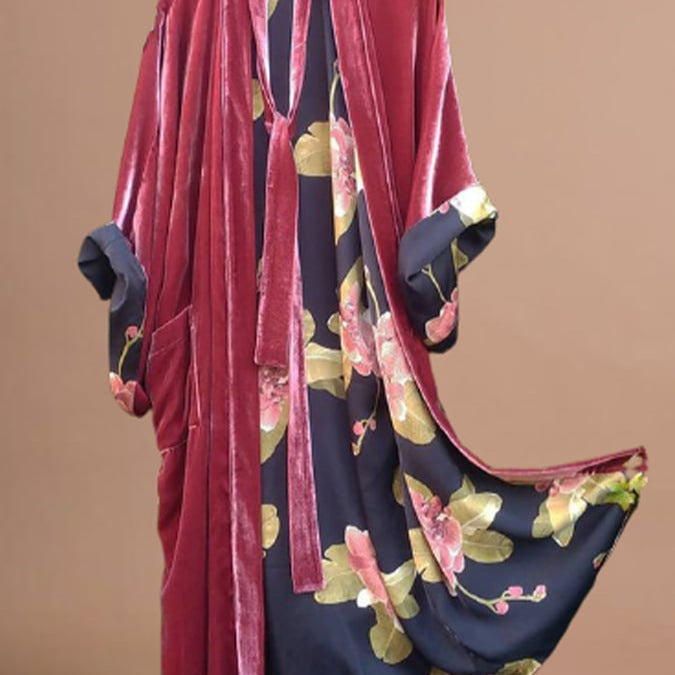 GR | Satin Digital Floral Taille Gürtel Cardigan Schlafanzug