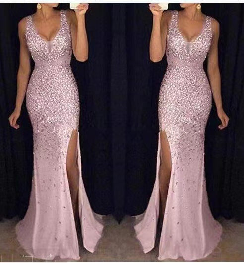 GR | Slit Gold Foil Long Evening Dress