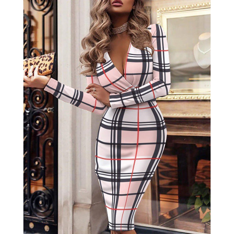 Women's figure-hugging wrap dress with a check pattern and deep V-neck, size [size missing]
