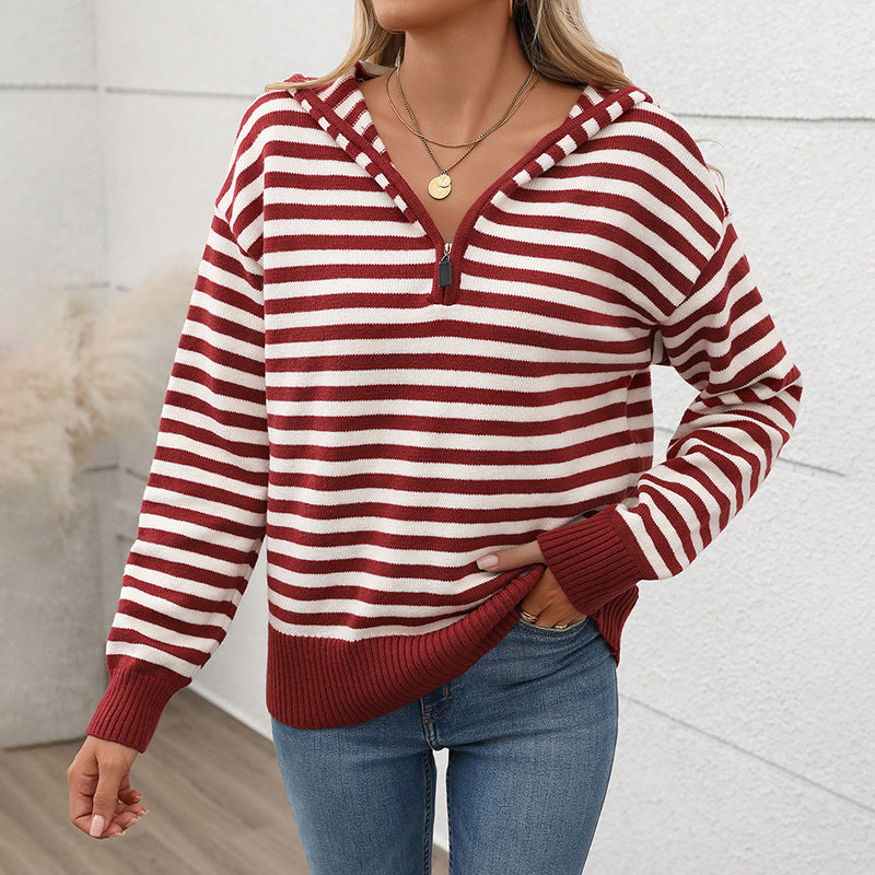 Damen gemütlicher Strickpullover mit modischem Reißverschluss und Streifenmuster GR