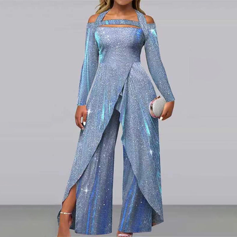 Women's glamorous jumpsuit with shimmering sequin trim and elegant cut-outs, size GR