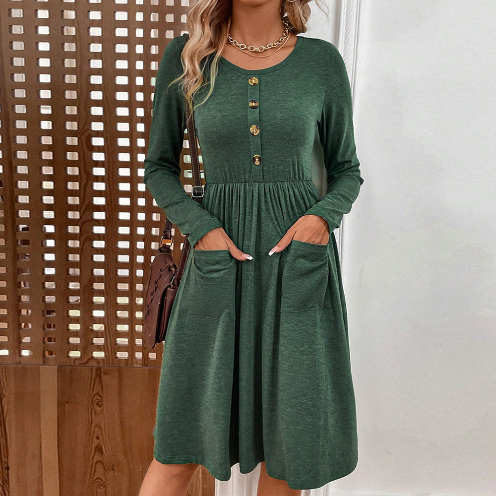 Women's midi dress with button placket and practical pockets, size