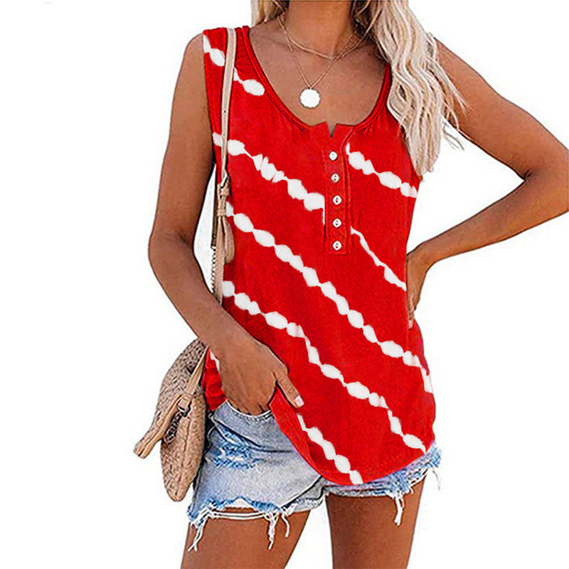 Women's sleeveless top with button placket and modern batik pattern, size