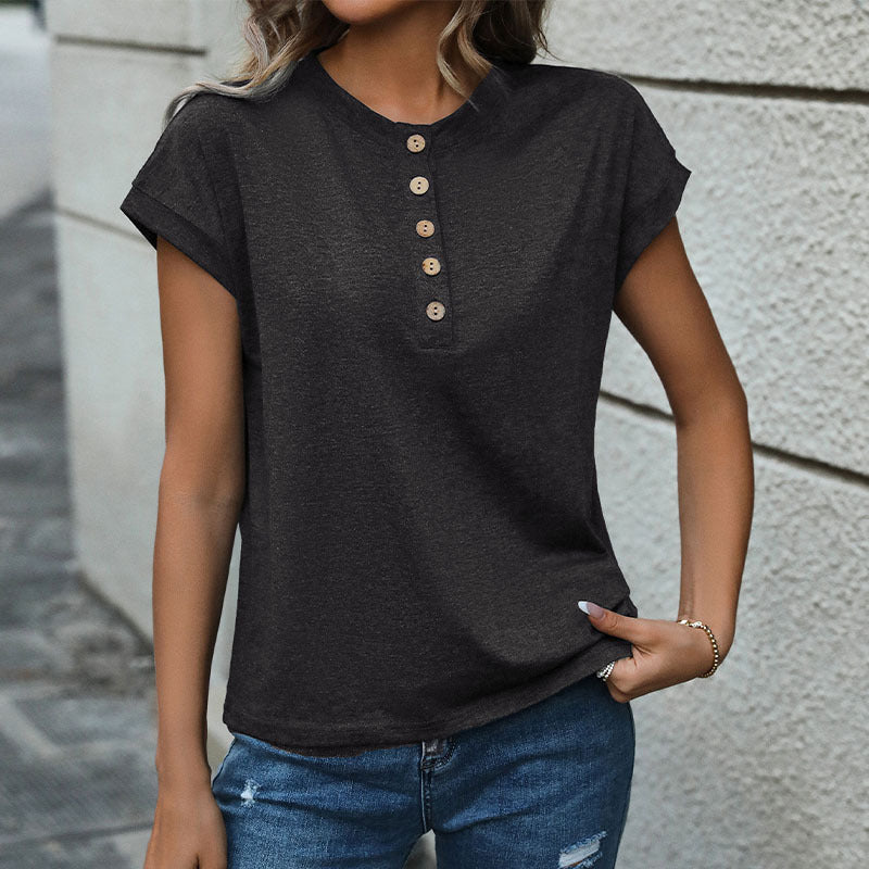 Women's short-sleeved T-shirt with button placket, size