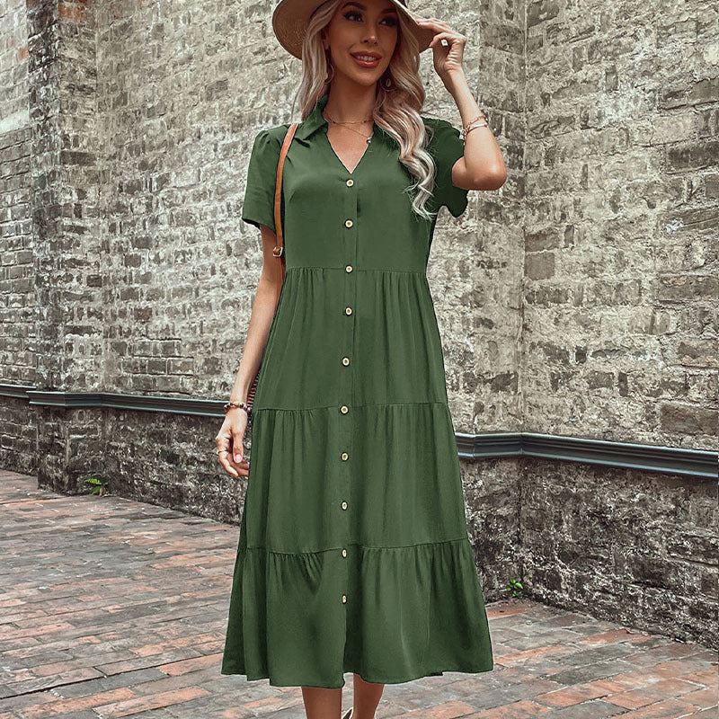 Damen Hemdblusenkleid mit eleganten Knopfdetails und voluminösem Rock GR