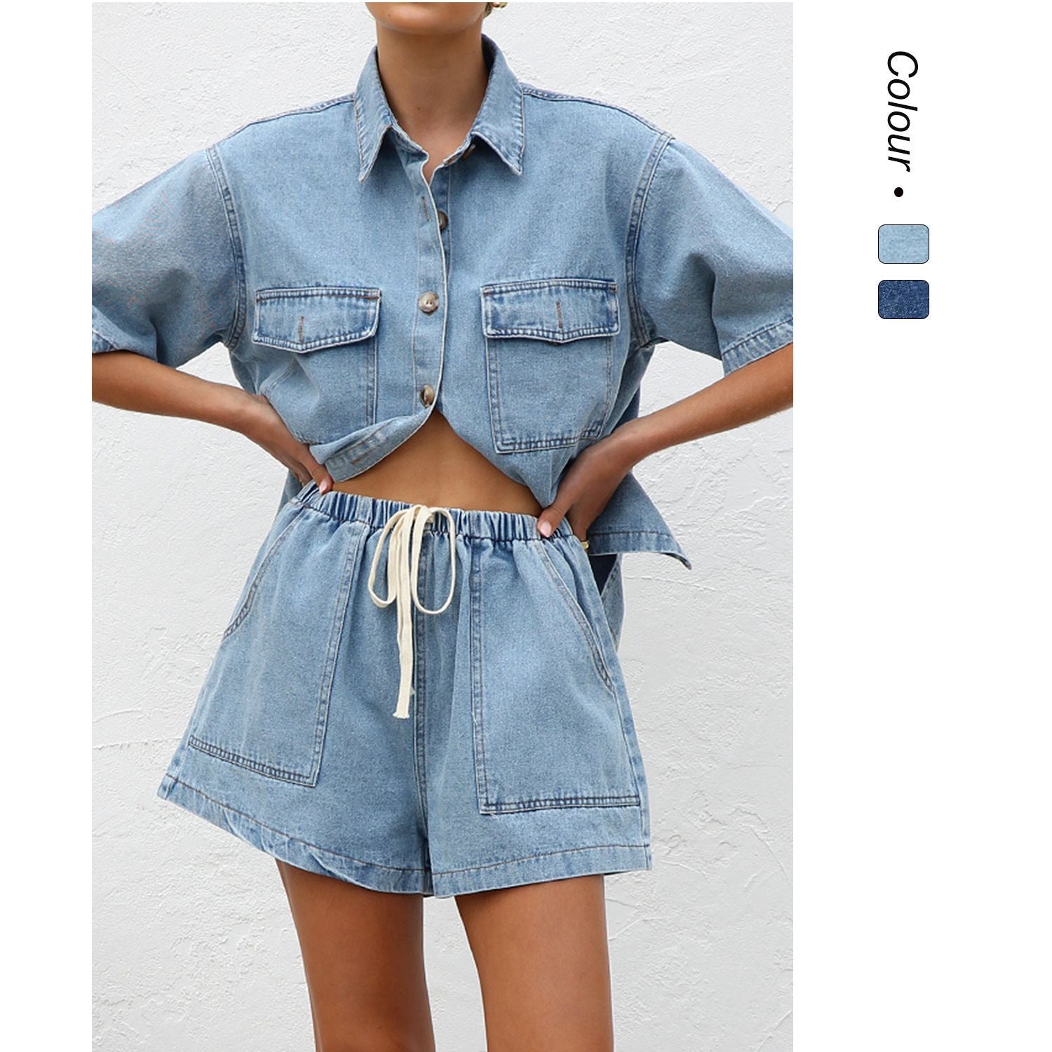 Women's denim crop top and shorts set with practical pockets and a relaxed fit, size S