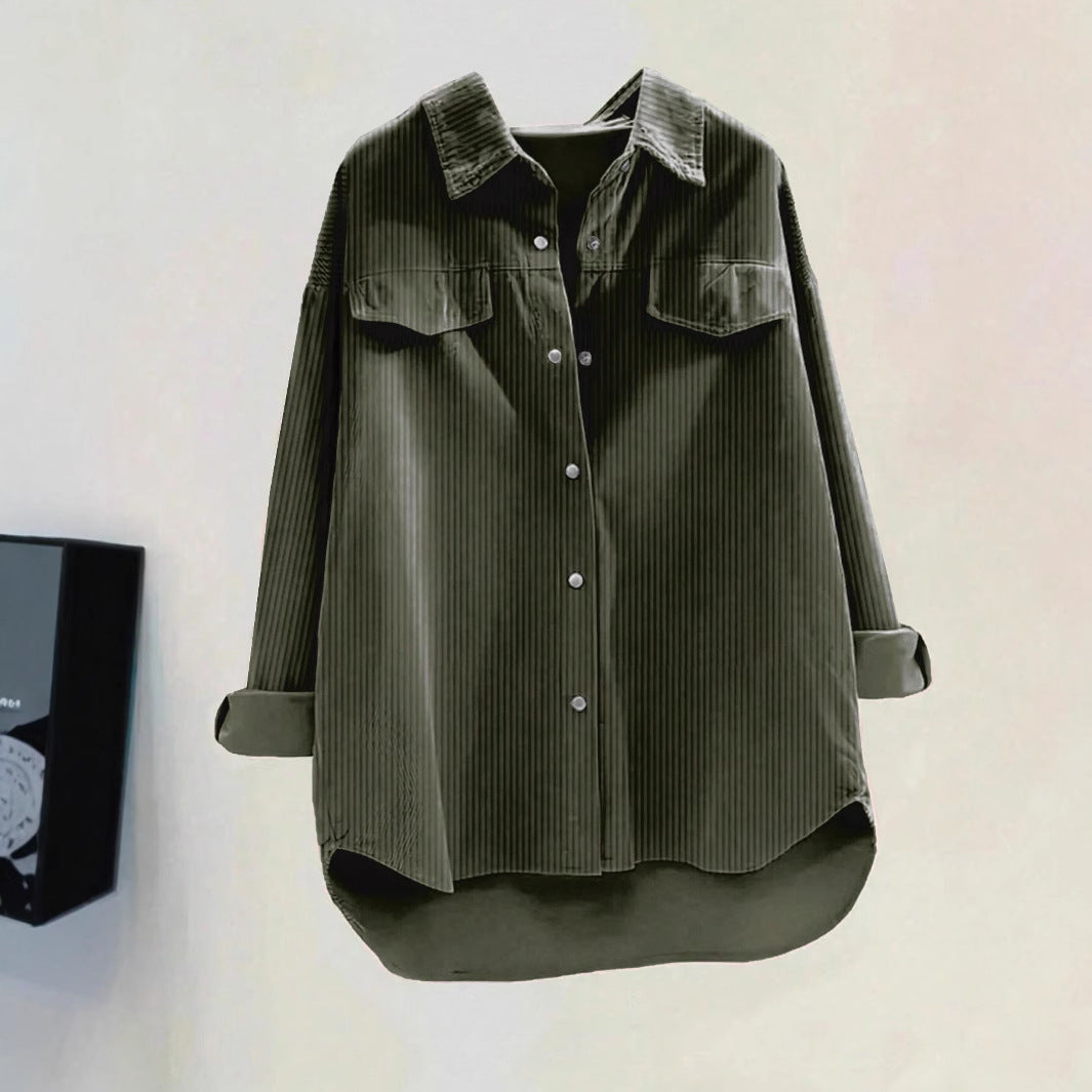 Women's oversized ribbed shirt with chest pockets and a stylish collar, size S