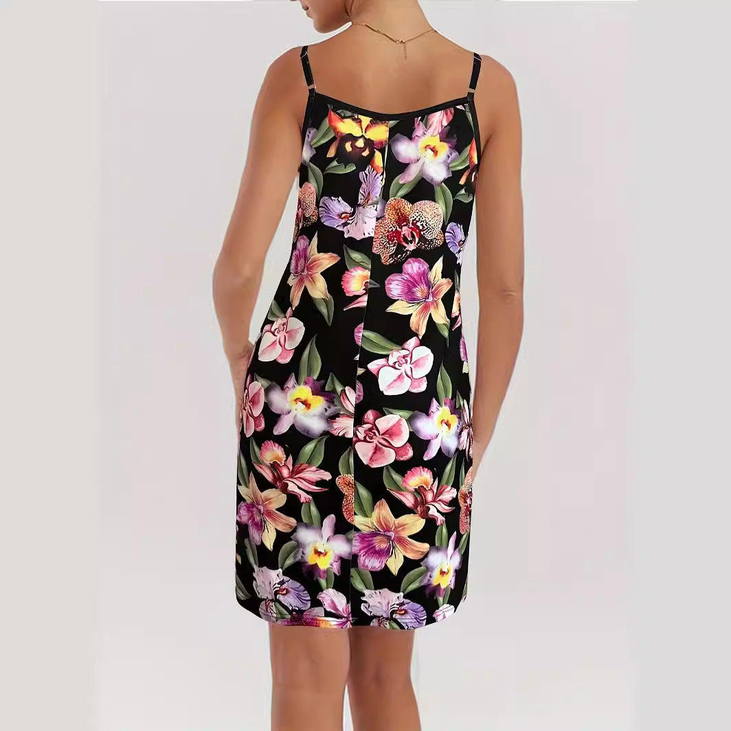Women's summer dress with floral print and adjustable straps, size