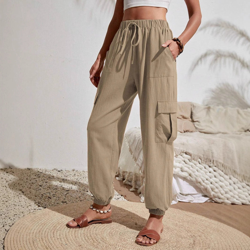 Women's cargo trousers with elasticated waistband and practical side pockets, size S