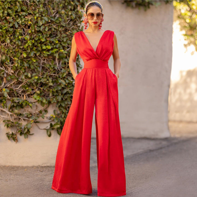 GR | Jumpsuit High Waist Sleeveless Deep V-neck Wide Leg Elegant Fit