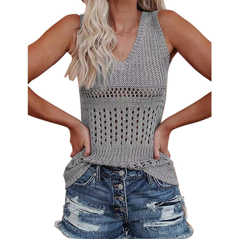 Damen luftiges Stricktop mit V-Ausschnitt und feinen Lochmustern GR