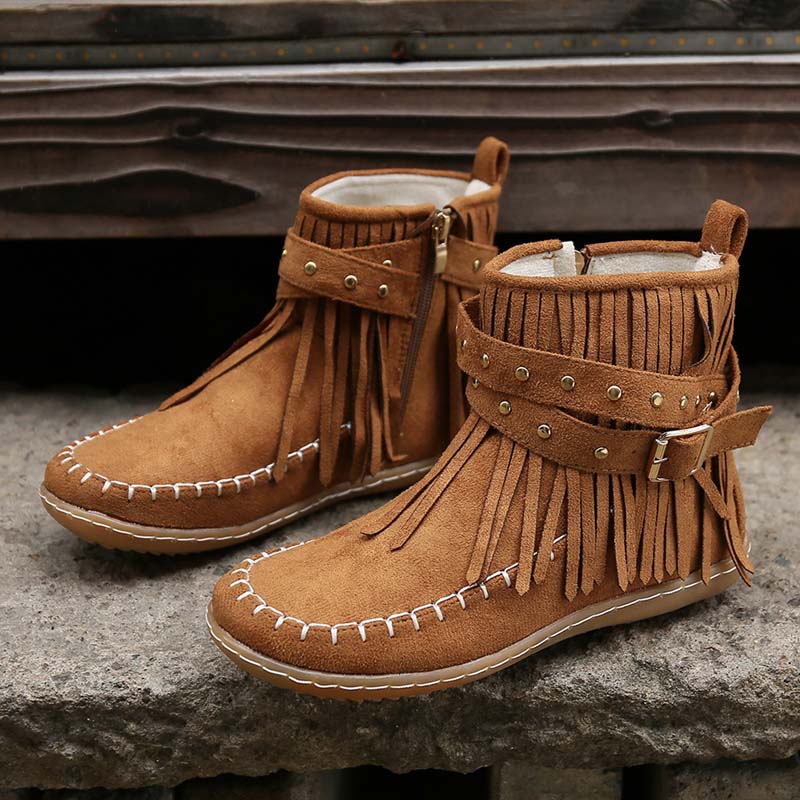 GR | Boho ankle boots with fringes and buckles for women