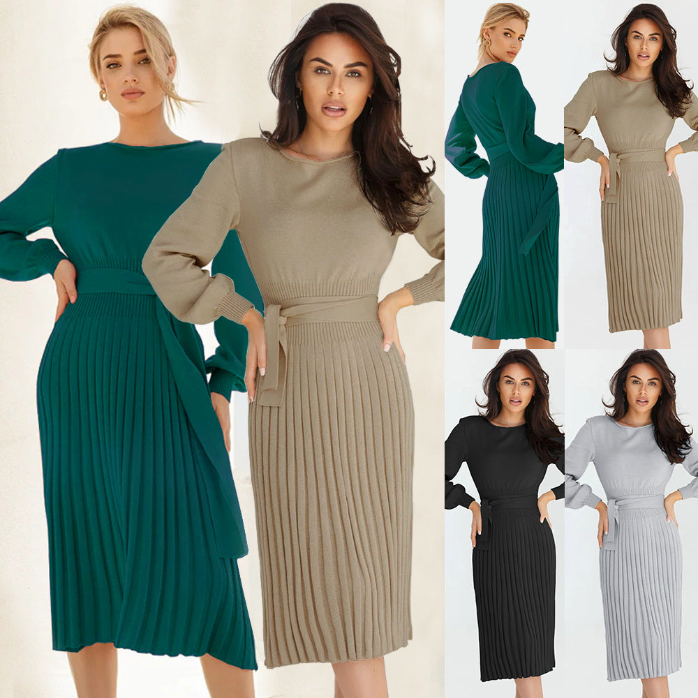 Damen Strickkleid mit taillierbarem Gürtel und langen Ärmeln GR