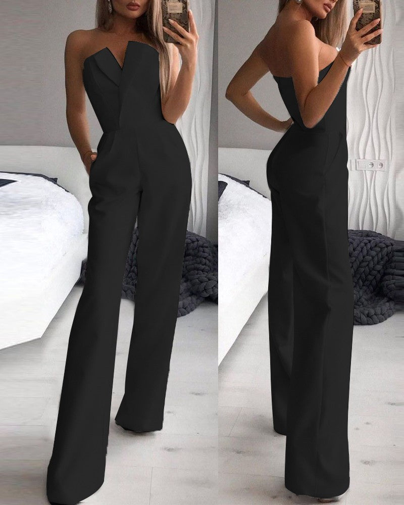 GR | Asymmetrical lapel mid-waist commuter jumpsuit 