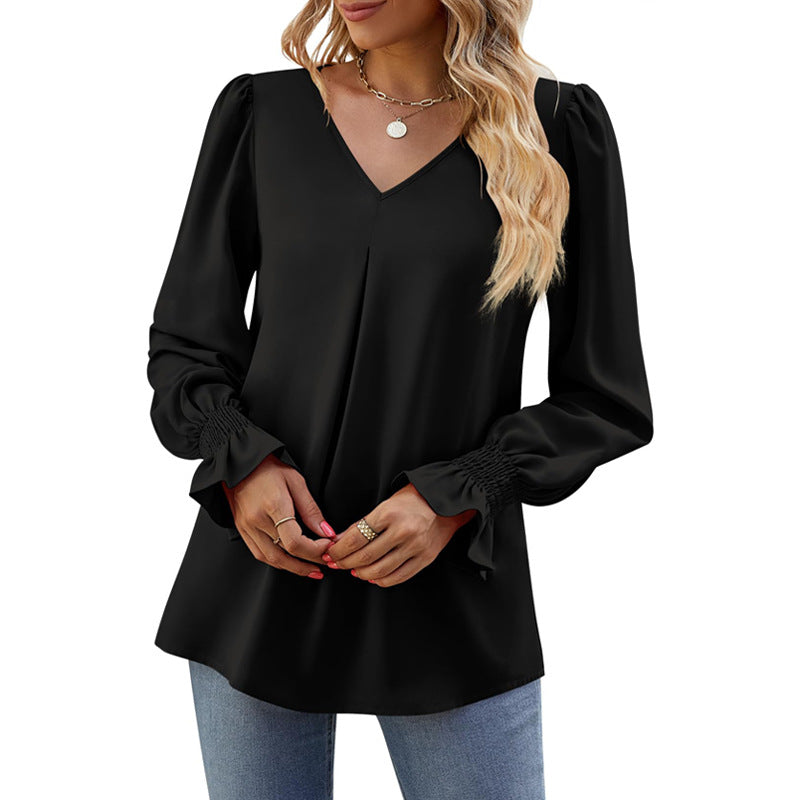 GR | Solid color V-neck top with puff sleeves and long sleeves