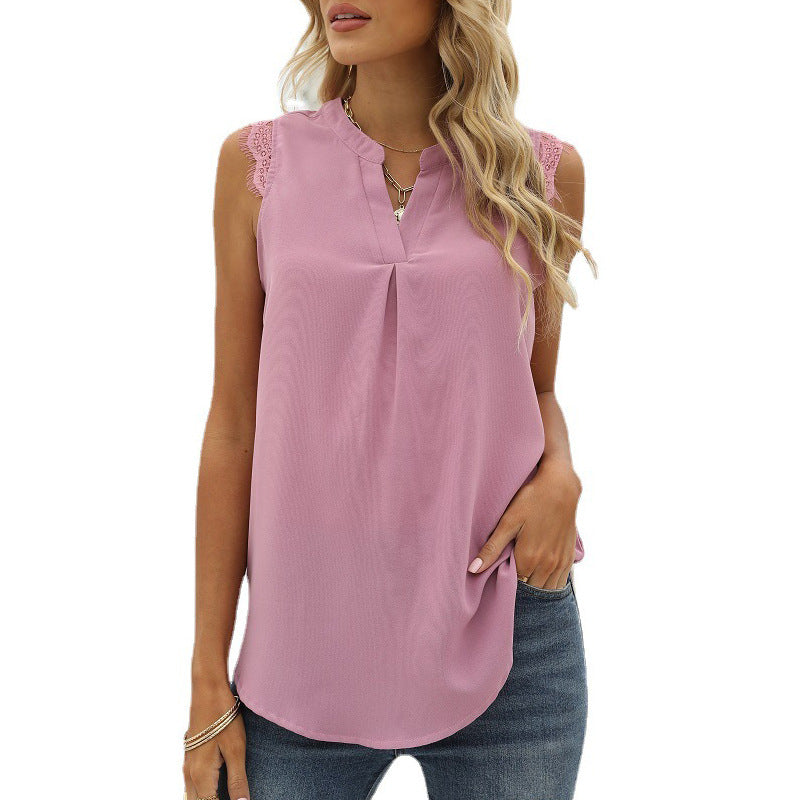 Women's sleeveless blouse with elegant lace insert and fashionable pleats, size