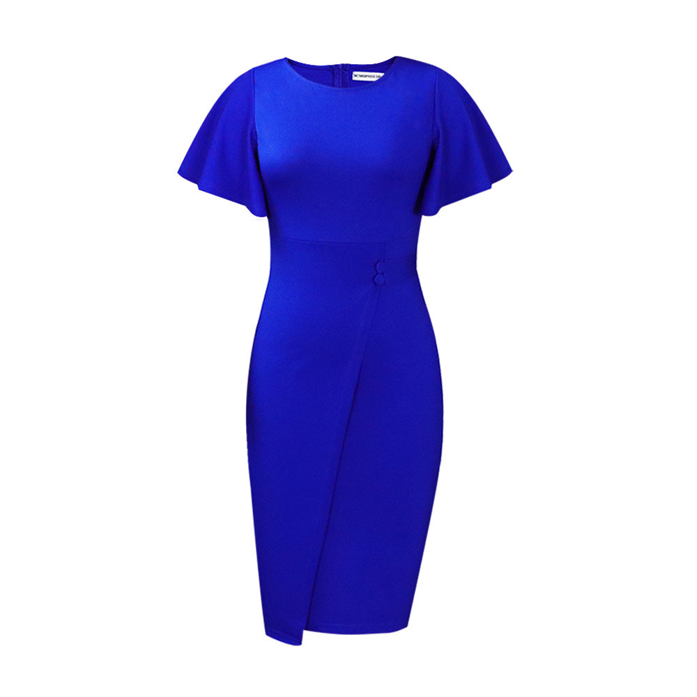 GR | Damen Figurbetont Wickelstil Midi Kleid mit Kurzen Ärmeln