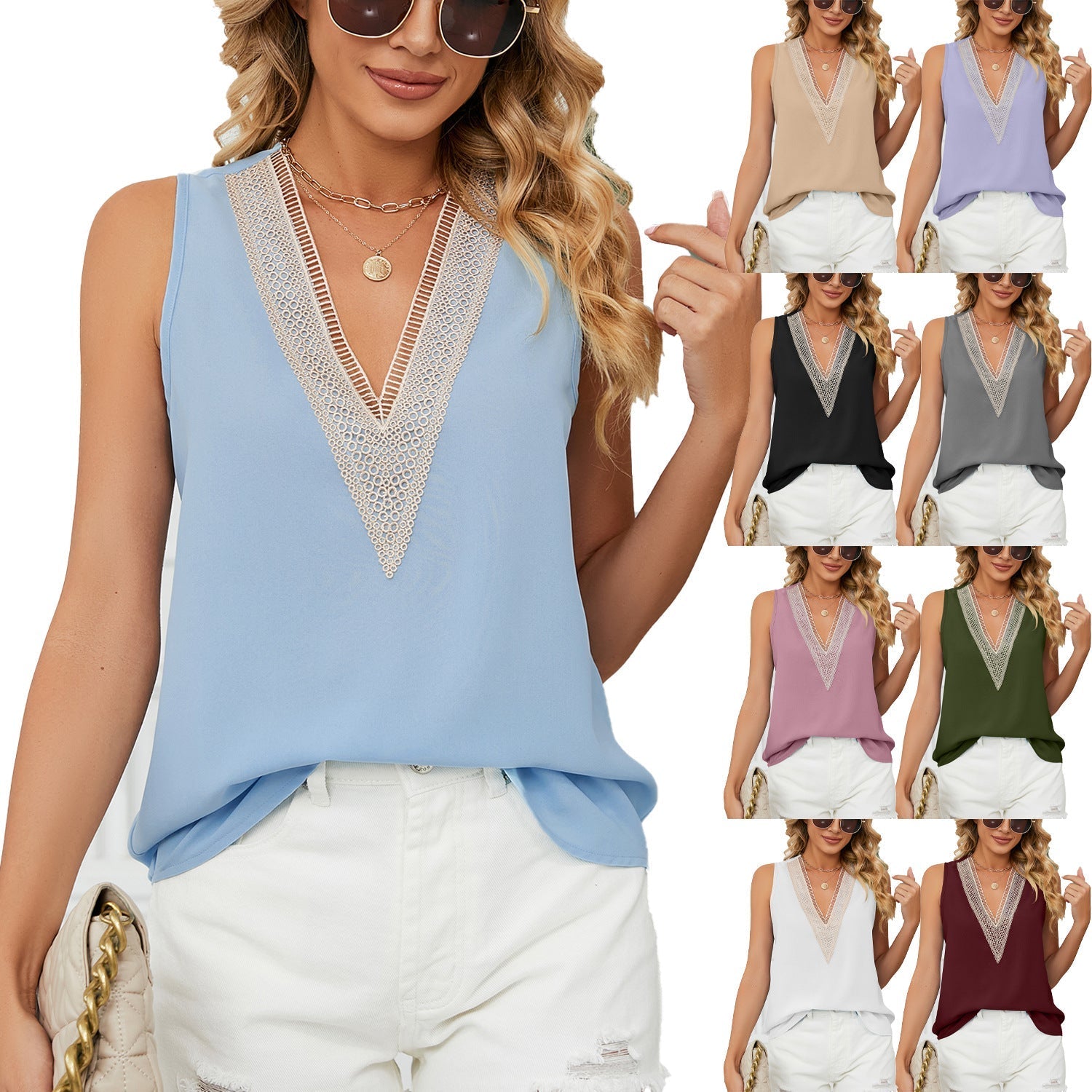 Women's sleeveless top with delicate crochet neckline, size