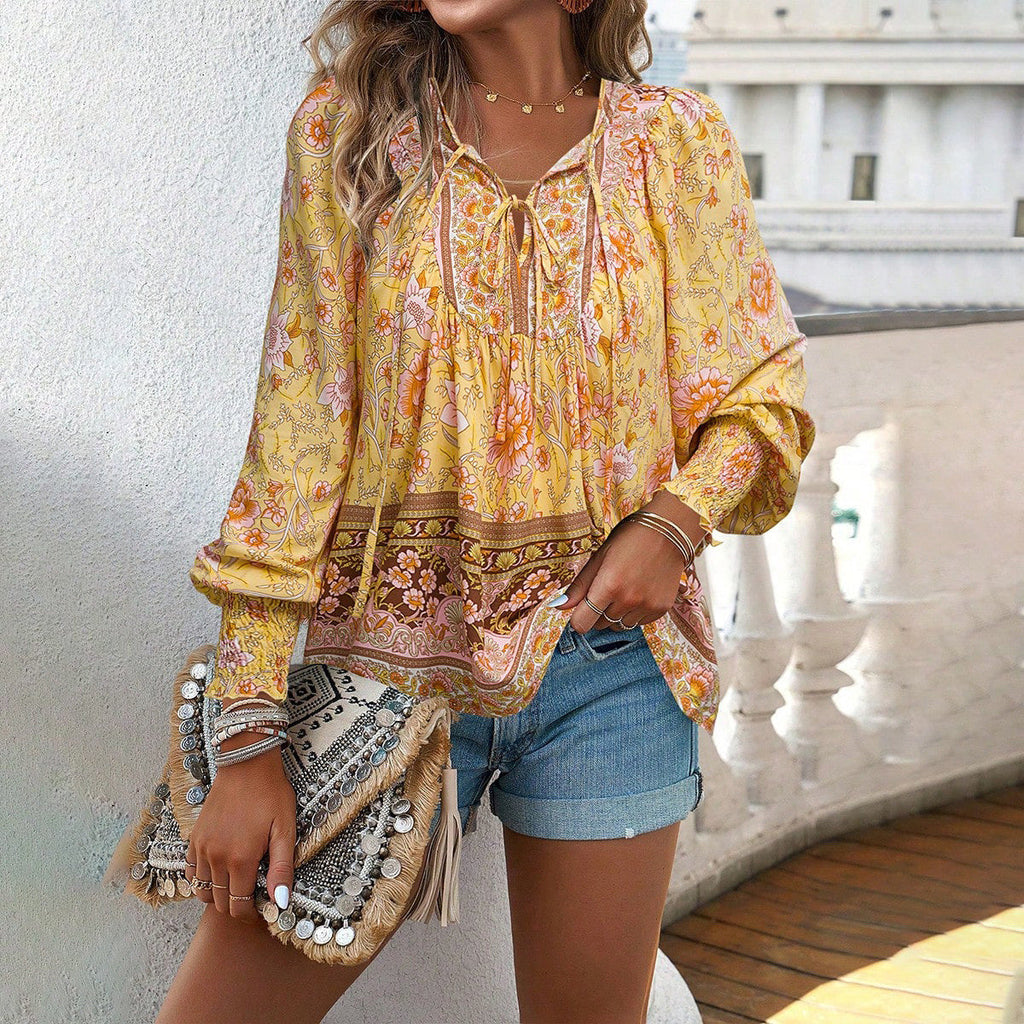 GR | Cotton-printed lace-up top with long sleeves
