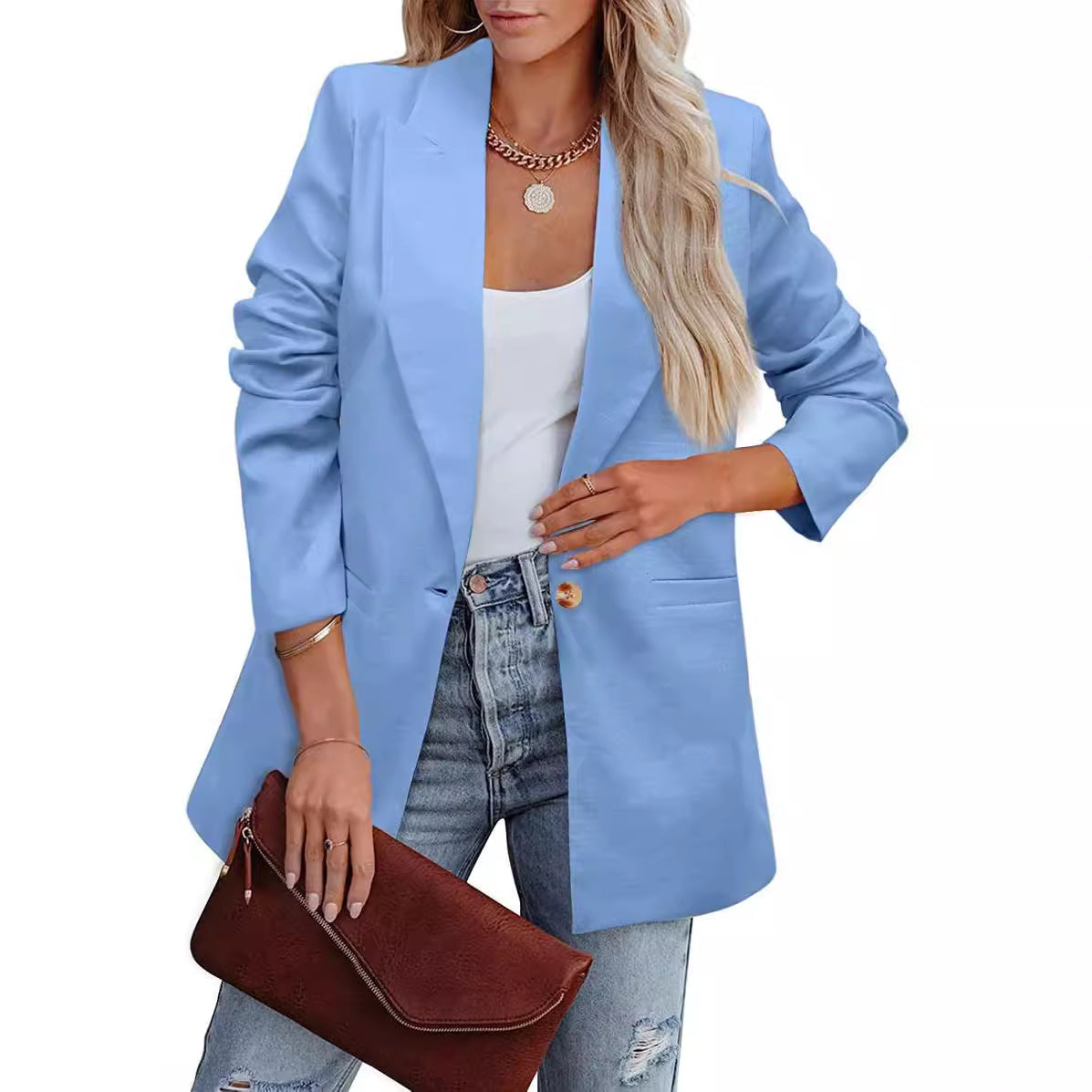 Women's elegant casual blazer with a relaxed cut and two pockets, size S