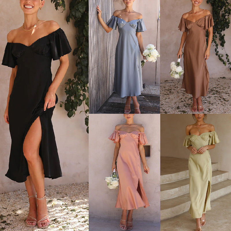 Women's off-the-shoulder midi dress with voluminous sleeves and elegant accents, size GR