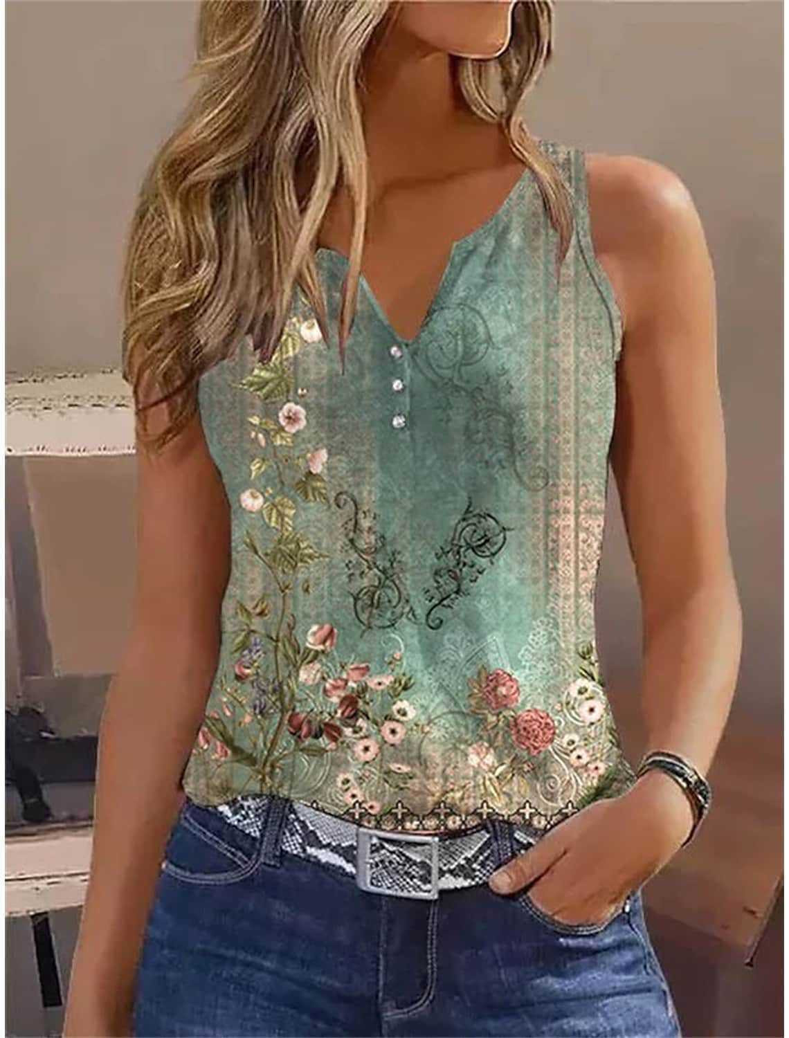 Women's sleeveless top with elegant floral design and unusual V-neck, size [size]
