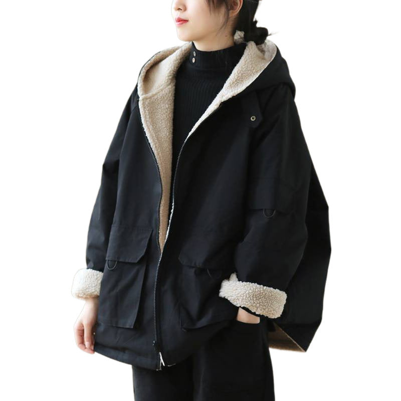 GR | Solid Color Reversible Jacket with Hood and Zipper