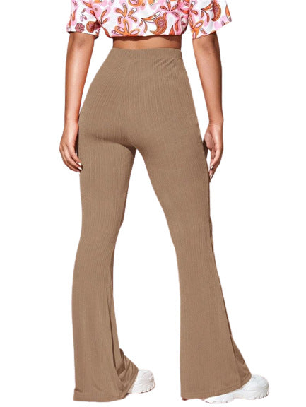Women's bootcut trousers made of elastic ribbed material with a high waist, size [size missing]